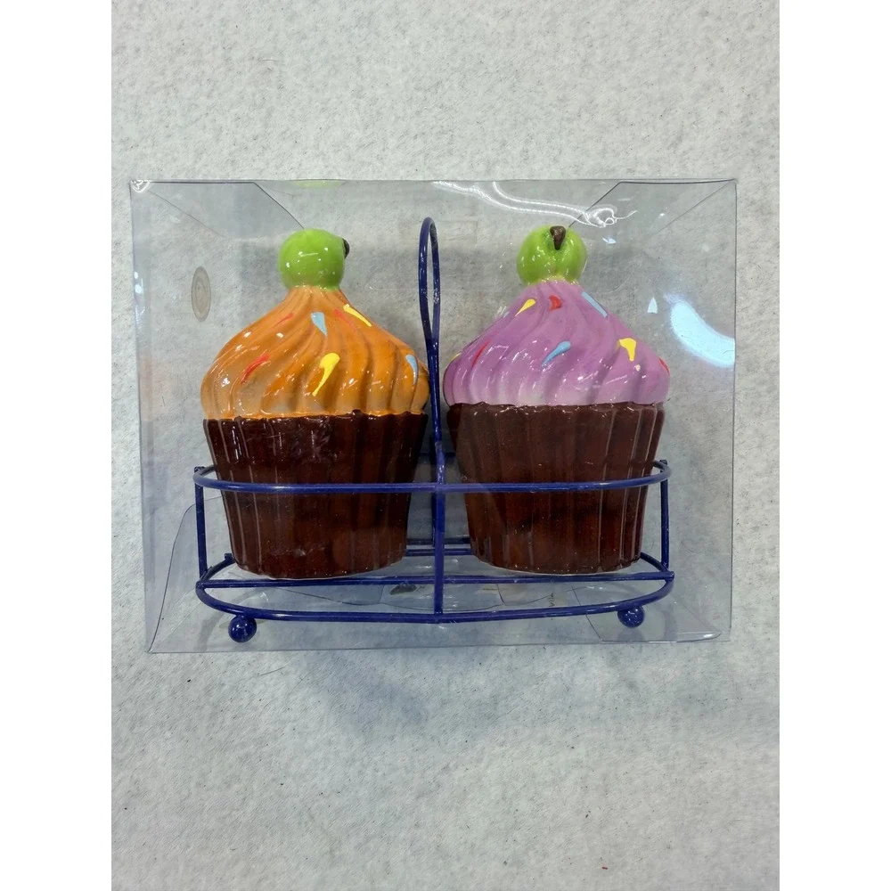 CIB Ceramic Cupcake Salt and Pepper Shakers Set with Blue Metal Caddy Rack NEW
